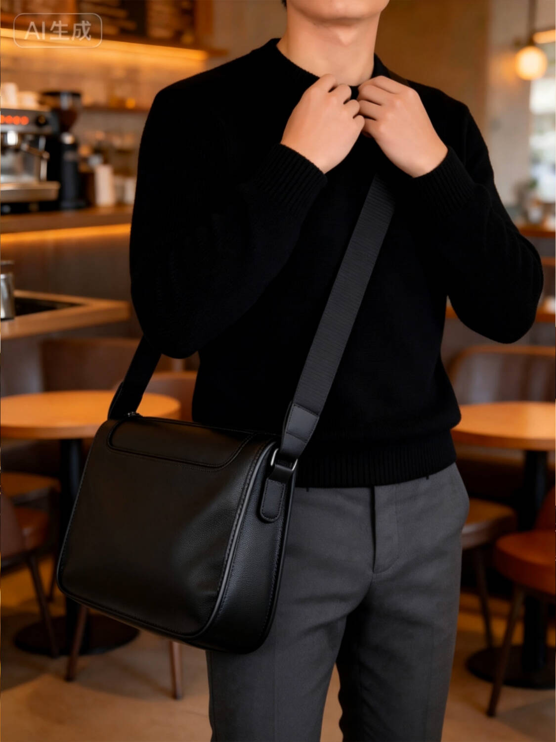 Minimal Flap Square Crossbody Bag Grain Soft Leather Adjustable Wide Strap Unisex Commute Bag - Image 1