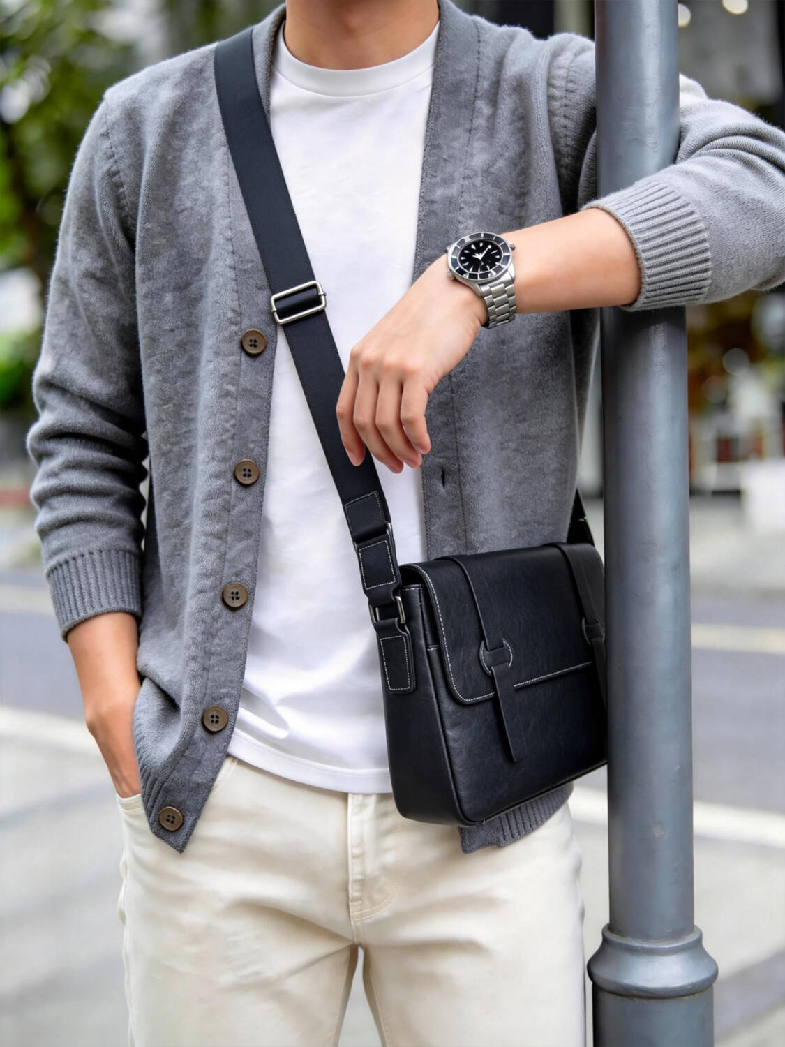 Double Strap Buckle Flap Messenger Bag Vintage Soft Leather Adjustable Wide Strap Business Crossbody Bag - Image 4