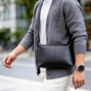Center Seam Soft Leather Crossbody Bag Matte Black Adjustable Wide Strap Unisex Daily Commute Bag - Image 2