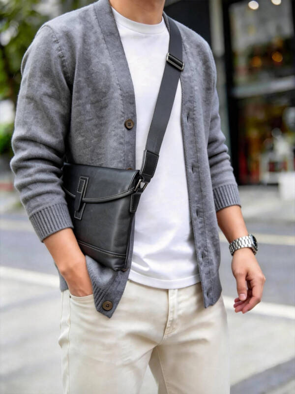 Minimal Single Leather Buckle Flap Crossbody Matte Soft Leather Wide Adjustable Strap Unisex Business Bag