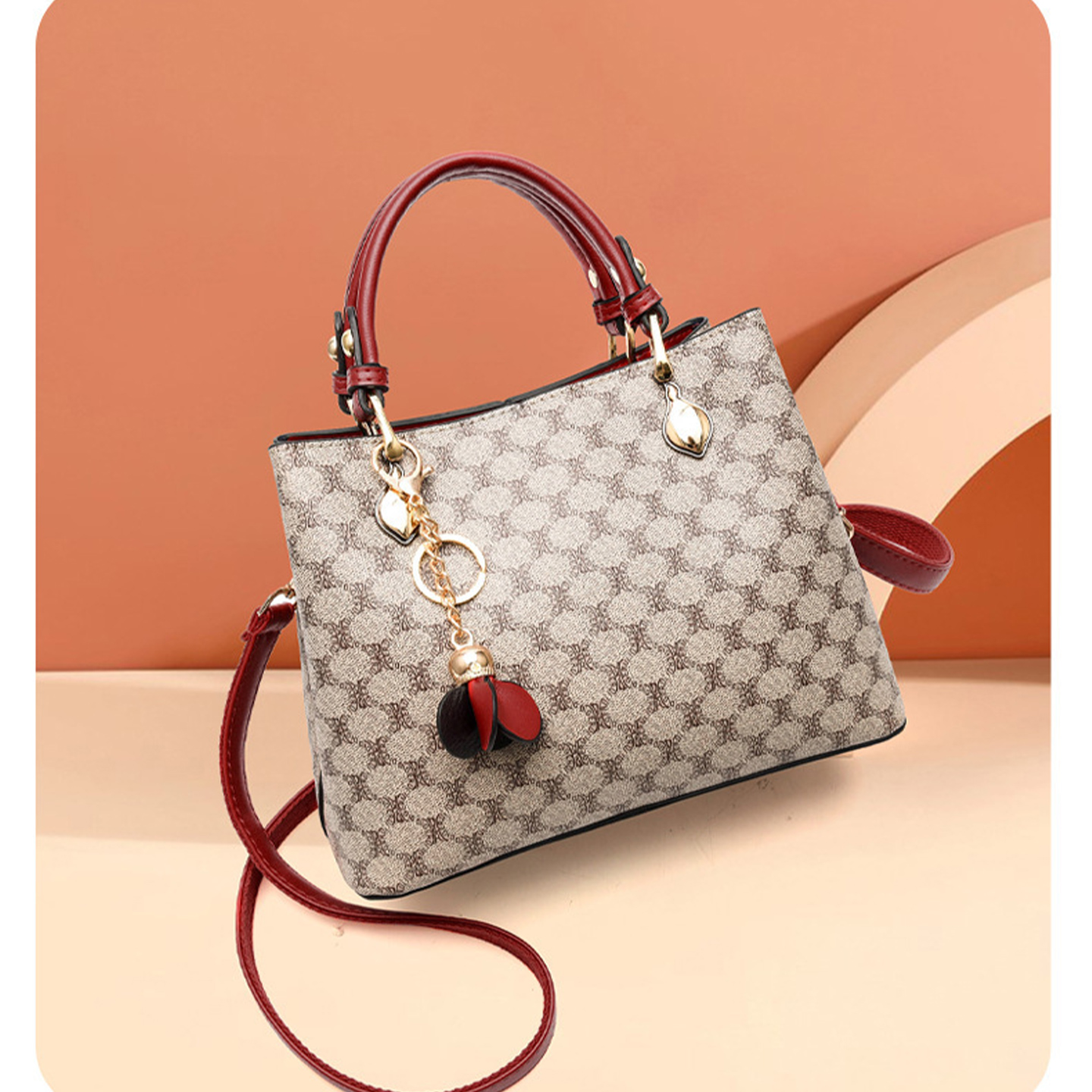 Vintage Printed Tote Bag, Burgundy Trim Dual-use Shoulder Crossbody Purse for Women - Image 5