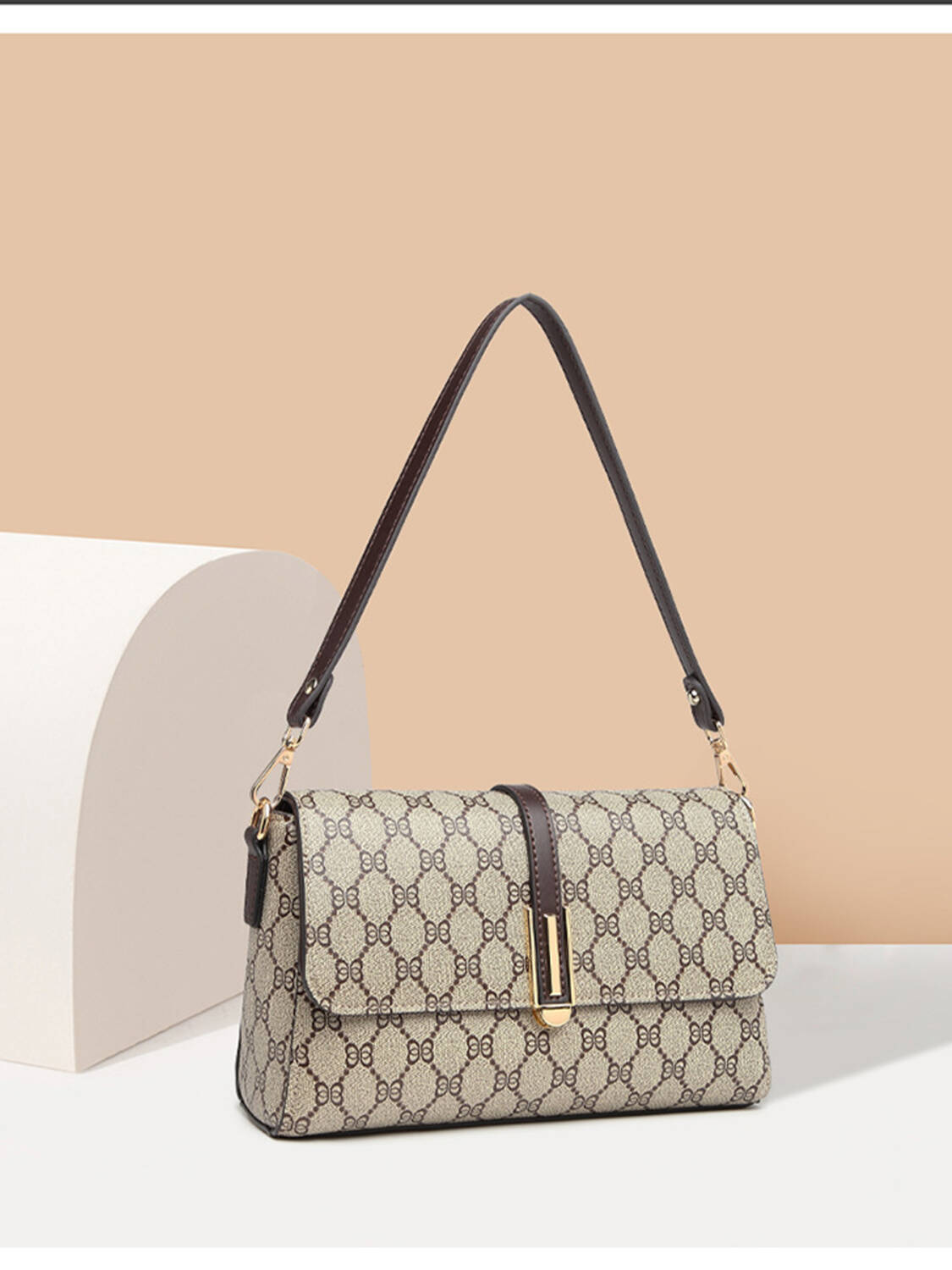 Simple Rhombus Print Rectangular Bag, Brown Trim Versatile Crossbody Purse For Women - Image 4