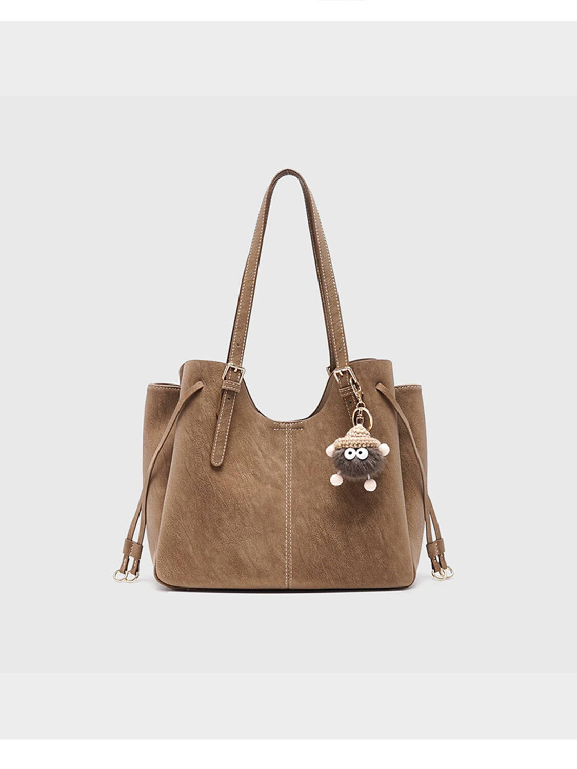 Vintage Matte Tote Bag, Adjustable Strap With Cute Fluffy Charm Shoulder Bag For Women - Image 1