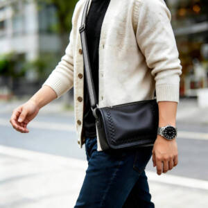 Hand Woven Edge Cylinder Soft Leather Crossbody Color-block Adjustable Wide Strap Unisex Daily Bag - Image 3