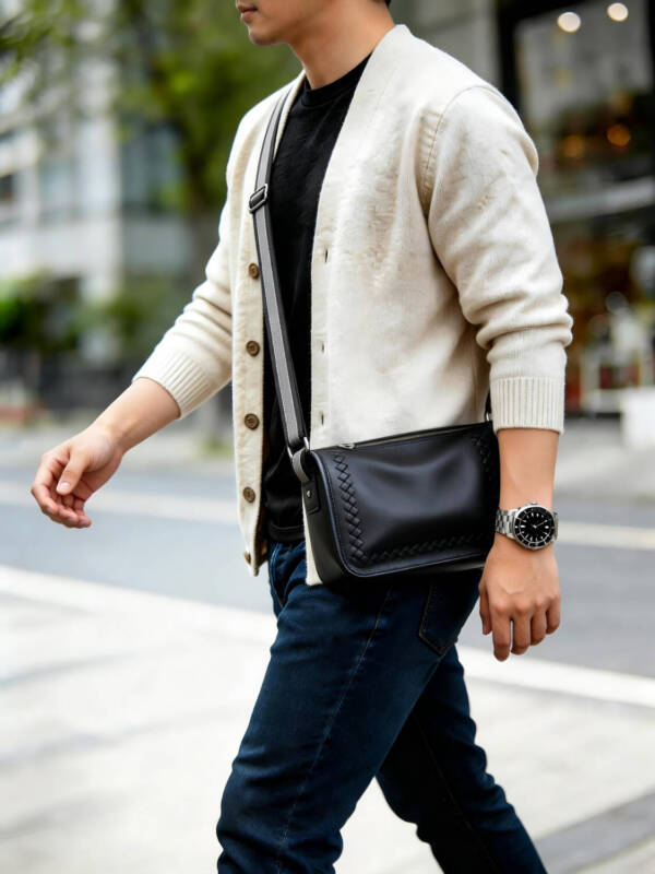 Hand Woven Edge Cylinder Soft Leather Crossbody Color-block Adjustable Wide Strap Unisex Daily Bag
