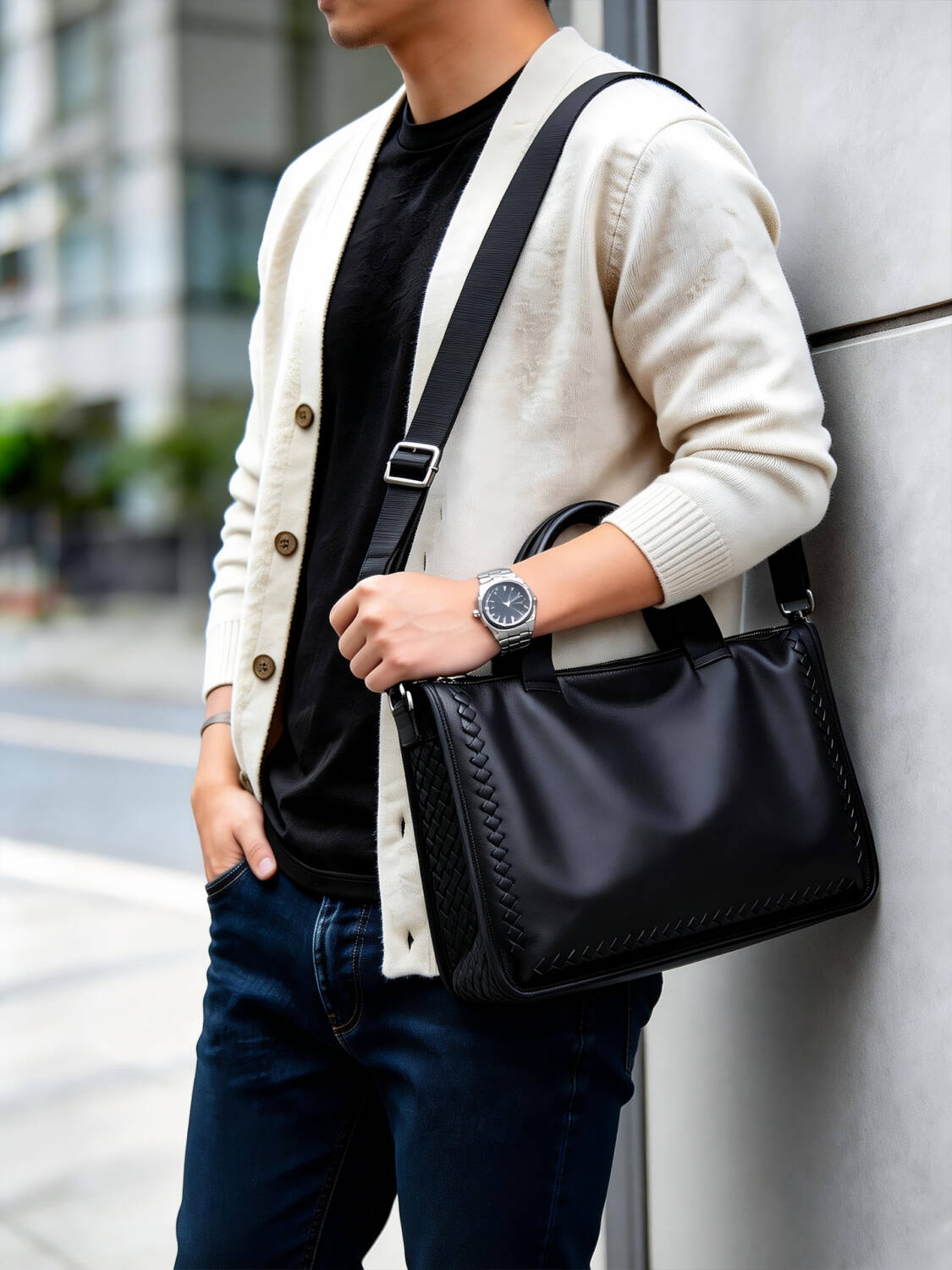 Hand Woven Side Tote Bag Grain Soft Leather Handbag With Strap Hook Large Commute Bag - Image 1