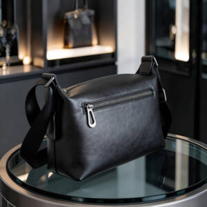 Center Seam Soft Leather Crossbody Bag Matte Black Adjustable Wide Strap Unisex Daily Commute Bag - Image 6