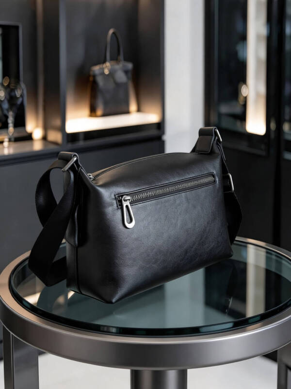 Center Seam Soft Leather Crossbody Bag Matte Black Adjustable Wide Strap Unisex Daily Commute Bag