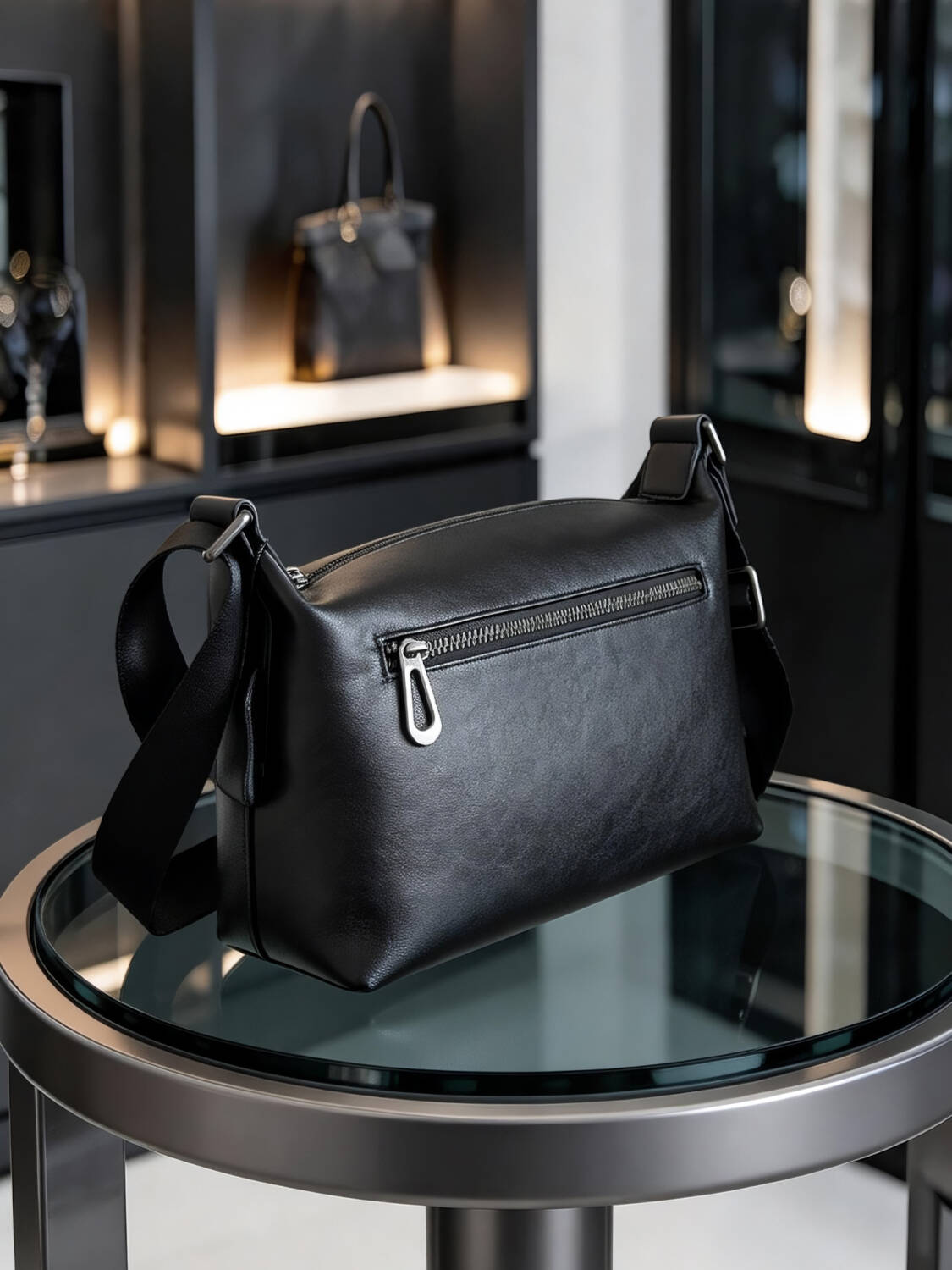 Center Seam Soft Leather Crossbody Bag Matte Black Adjustable Wide Strap Unisex Daily Commute Bag - Image 6