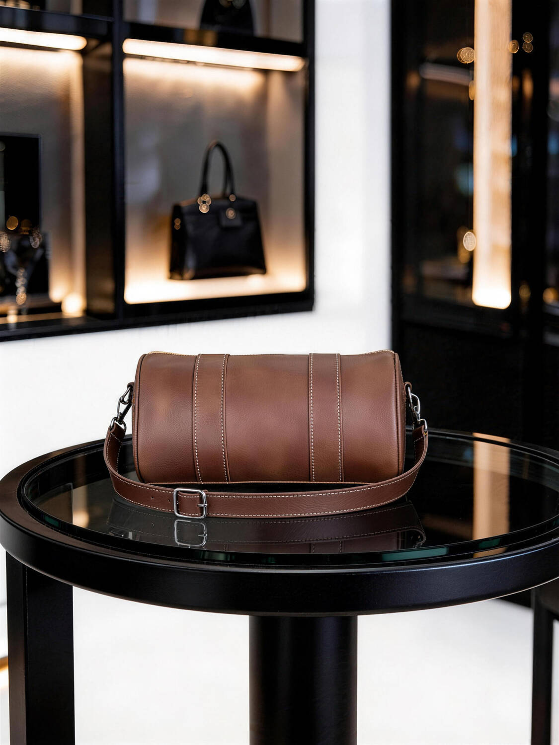 Vintage Brown Cylinder Leather Crossbody Bag Stitched Design Adjustable Thin Strap Daily Shoulder Bag - Image 4