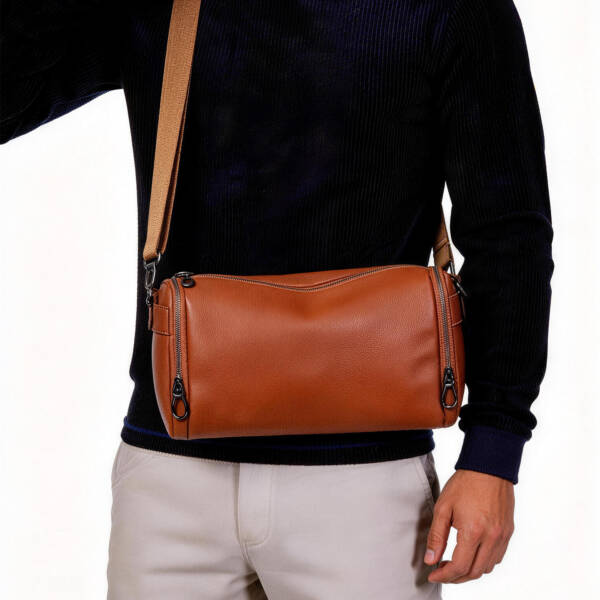 Grain Leather Cylinder Crossbody Bag Adjustable Strap Unisex Light Commute Shoulder Bag
