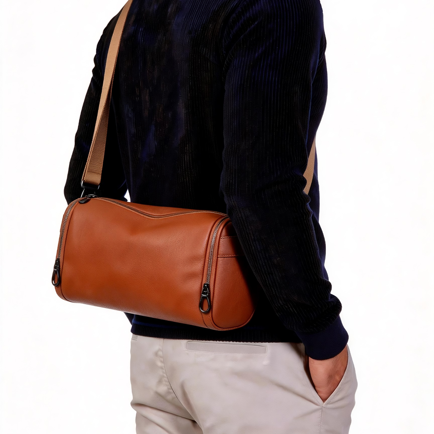 Grain Leather Cylinder Crossbody Bag Adjustable Strap Unisex Light Commute Shoulder Bag - Image 4