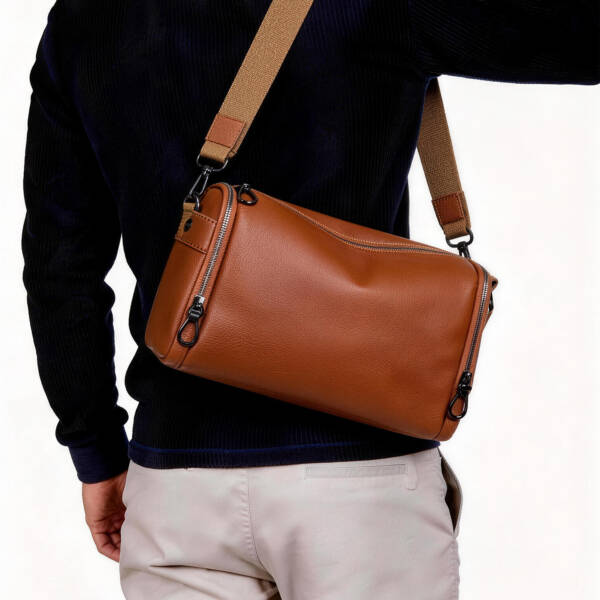 Grain Leather Cylinder Crossbody Bag Adjustable Strap Unisex Light Commute Shoulder Bag