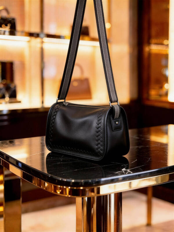 Hand Woven Edge Cylinder Soft Leather Crossbody Color-block Adjustable Wide Strap Unisex Daily Bag