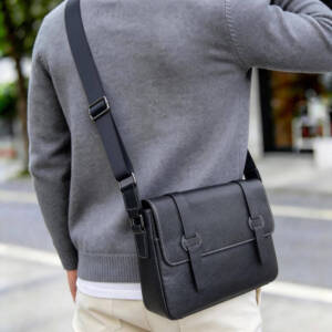 Double Strap Buckle Flap Messenger Bag Vintage Soft Leather Adjustable Wide Strap Business Crossbody Bag - Image 3
