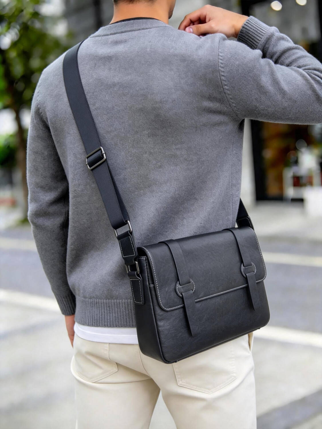Double Strap Buckle Flap Messenger Bag Vintage Soft Leather Adjustable Wide Strap Business Crossbody Bag - Image 3