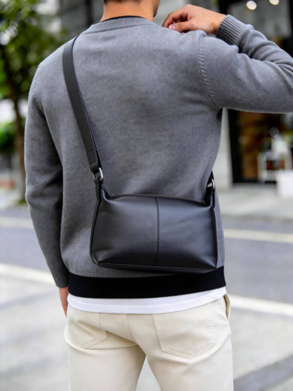Center Seam Soft Leather Crossbody Bag Matte Black Adjustable Wide Strap Unisex Daily Commute Bag