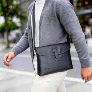 Minimal Single Leather Buckle Flap Crossbody Matte Soft Leather Wide Adjustable Strap Unisex Business Bag - Image 2