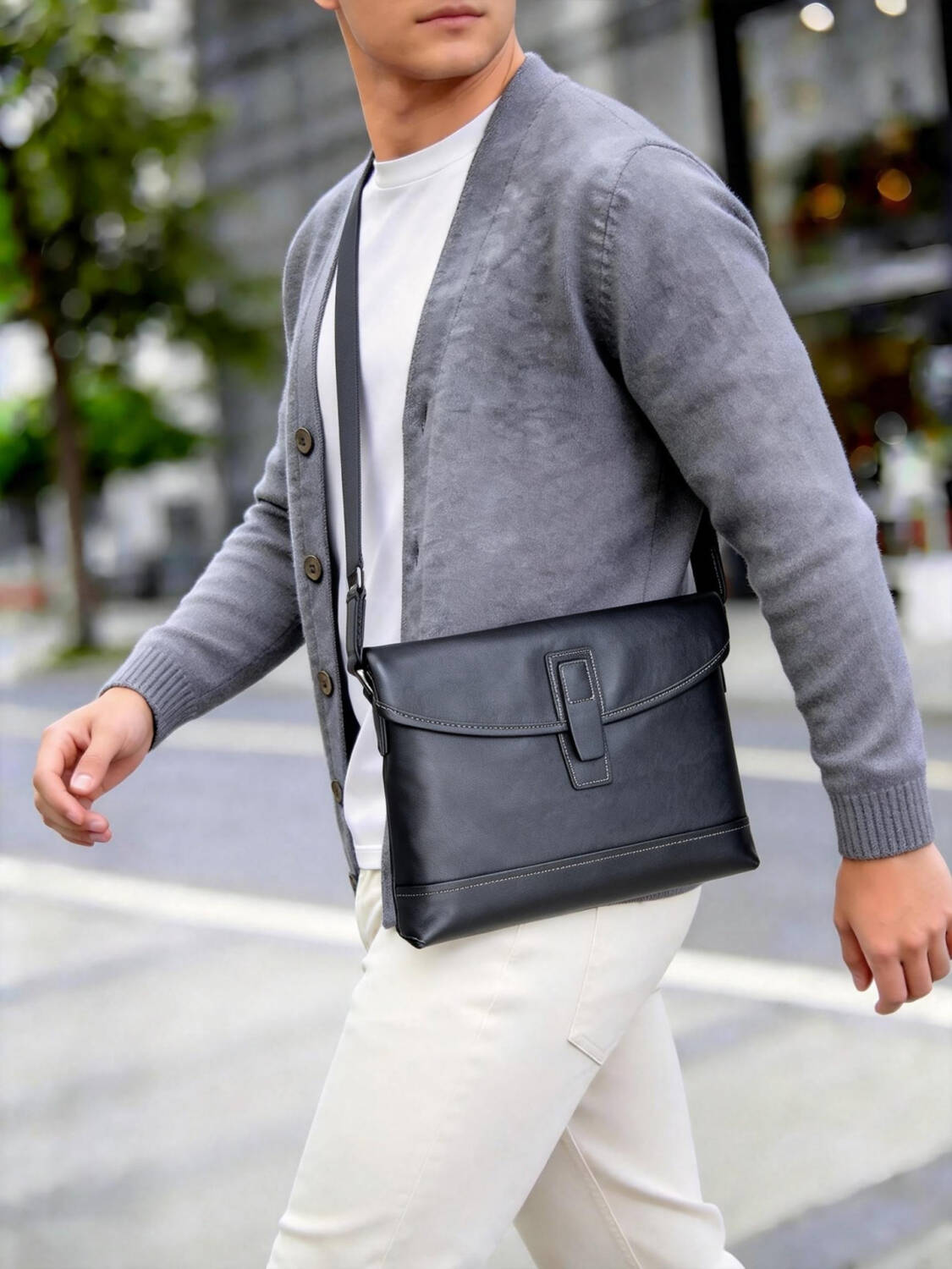 Minimal Single Leather Buckle Flap Crossbody Matte Soft Leather Wide Adjustable Strap Unisex Business Bag - Image 2