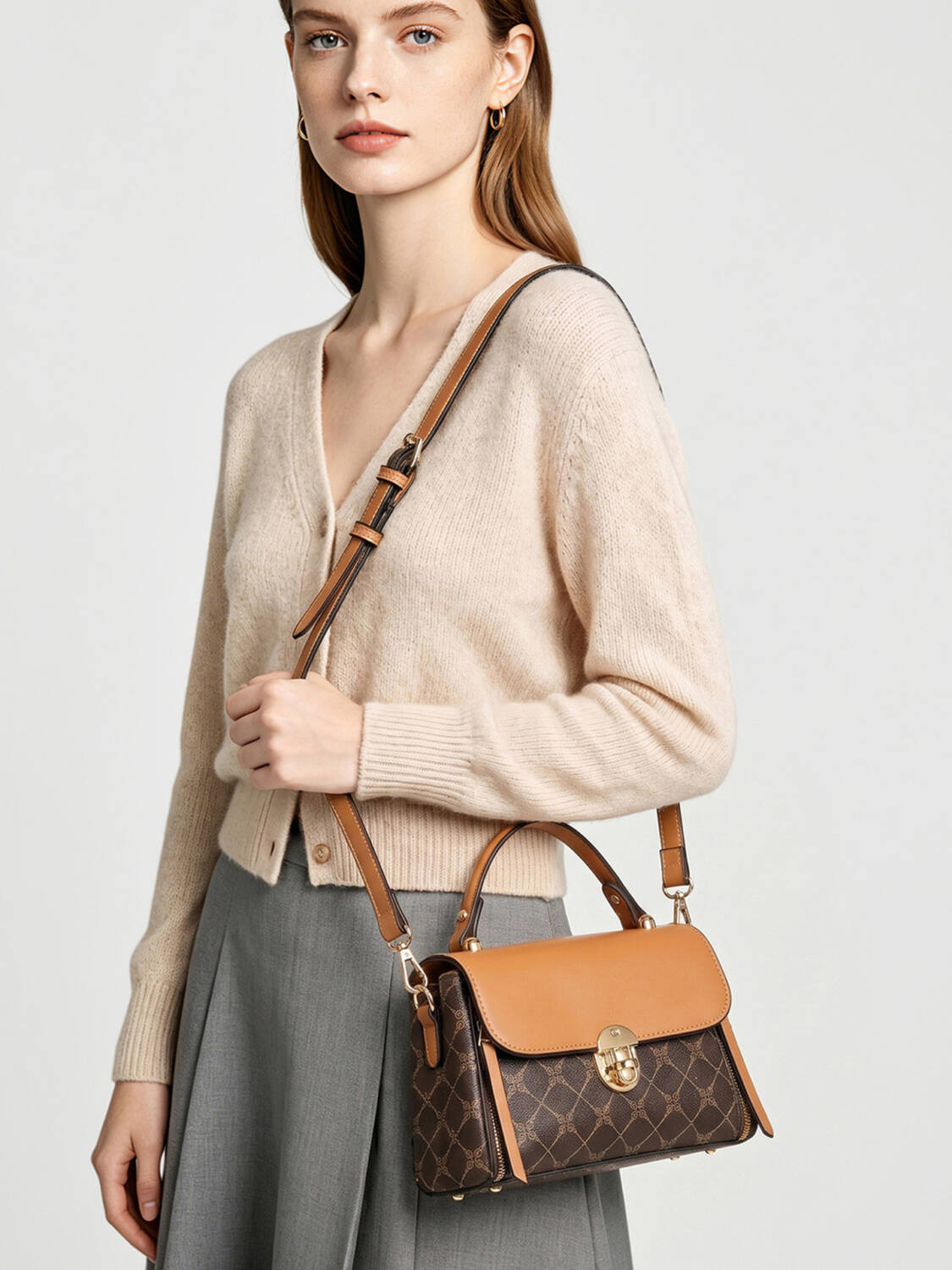 Color Contrast Diamond Print Handbag, Brown Trim Versatile Crossbody Purse For Daily Use - Image 2