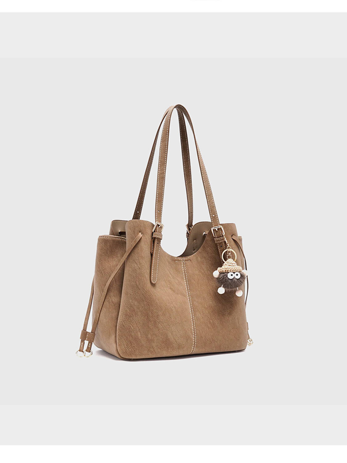 Vintage Matte Tote Bag, Adjustable Strap With Cute Fluffy Charm Shoulder Bag For Women - Image 4