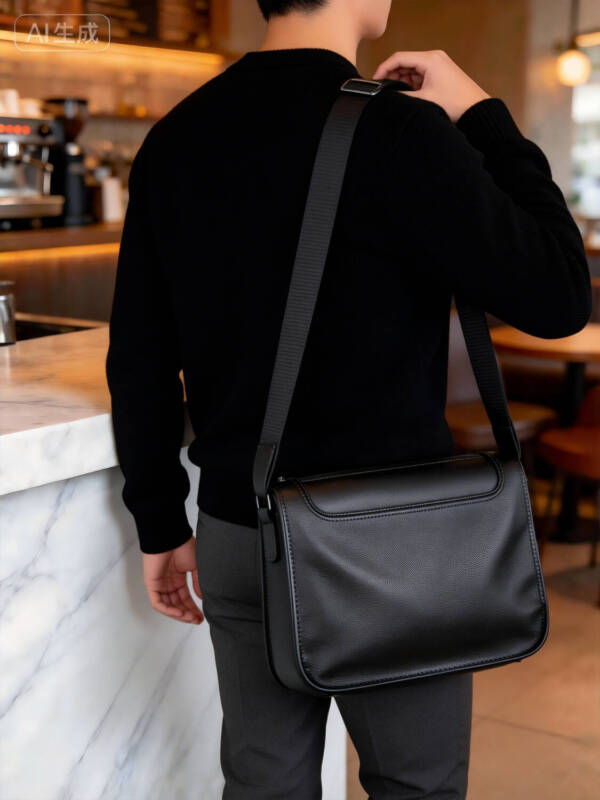 Minimal Flap Square Crossbody Bag Grain Soft Leather Adjustable Wide Strap Unisex Commute Bag