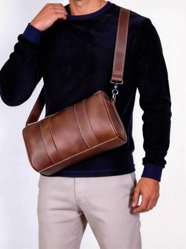Vintage Brown Cylinder Leather Crossbody Bag Stitched Design Adjustable Thin Strap Daily Shoulder Bag