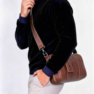 Vintage Brown Cylinder Leather Crossbody Bag Stitched Design Adjustable Thin Strap Daily Shoulder Bag - Image 2