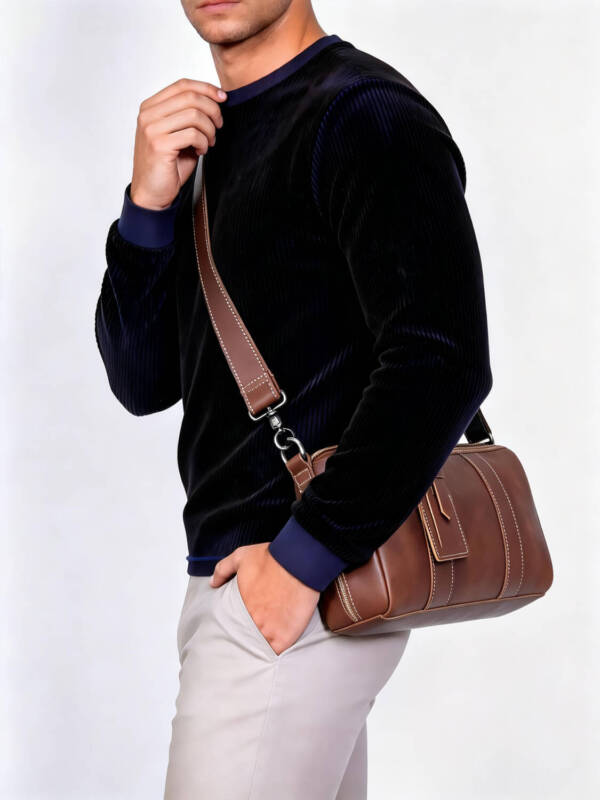 Vintage Brown Cylinder Leather Crossbody Bag Stitched Design Adjustable Thin Strap Daily Shoulder Bag