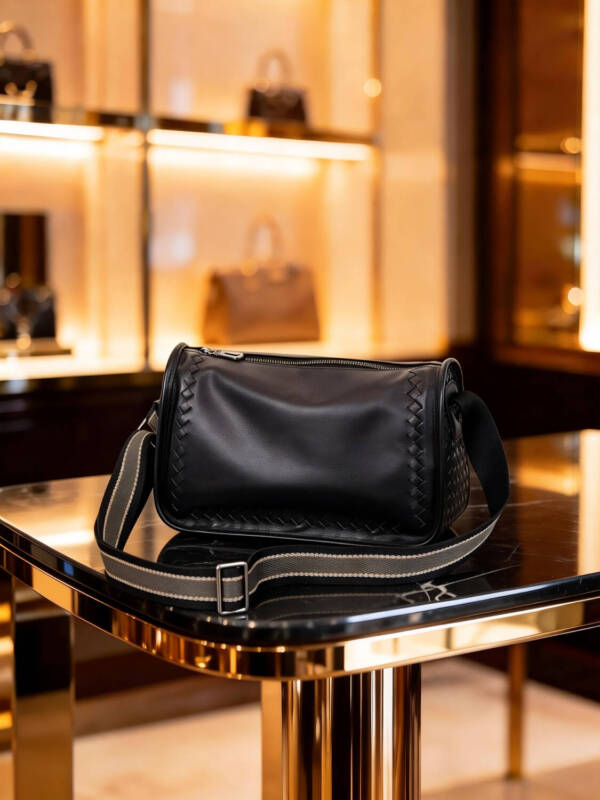 Hand Woven Edge Cylinder Soft Leather Crossbody Color-block Adjustable Wide Strap Unisex Daily Bag