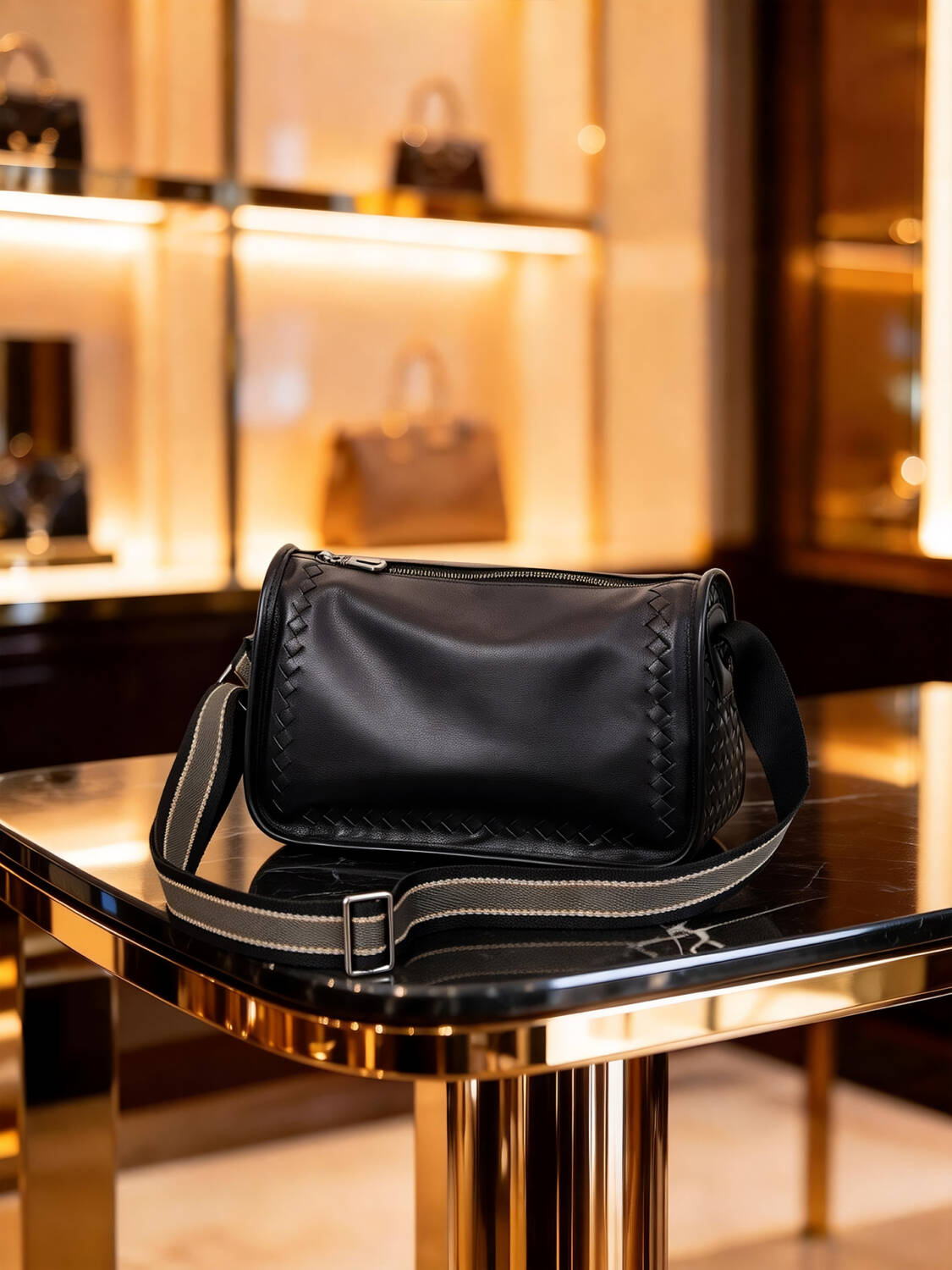 Hand Woven Edge Cylinder Soft Leather Crossbody Color-block Adjustable Wide Strap Unisex Daily Bag - Image 4