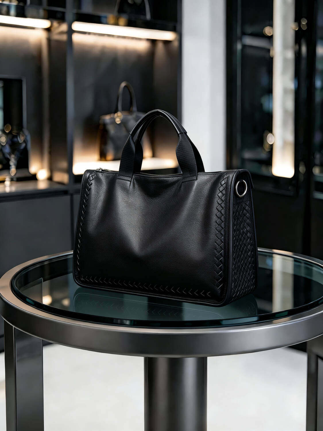 Hand Woven Side Tote Bag Grain Soft Leather Handbag With Strap Hook Large Commute Bag - Image 4