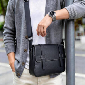 Double Strap Buckle Flap Messenger Bag Vintage Soft Leather Adjustable Wide Strap Business Crossbody Bag