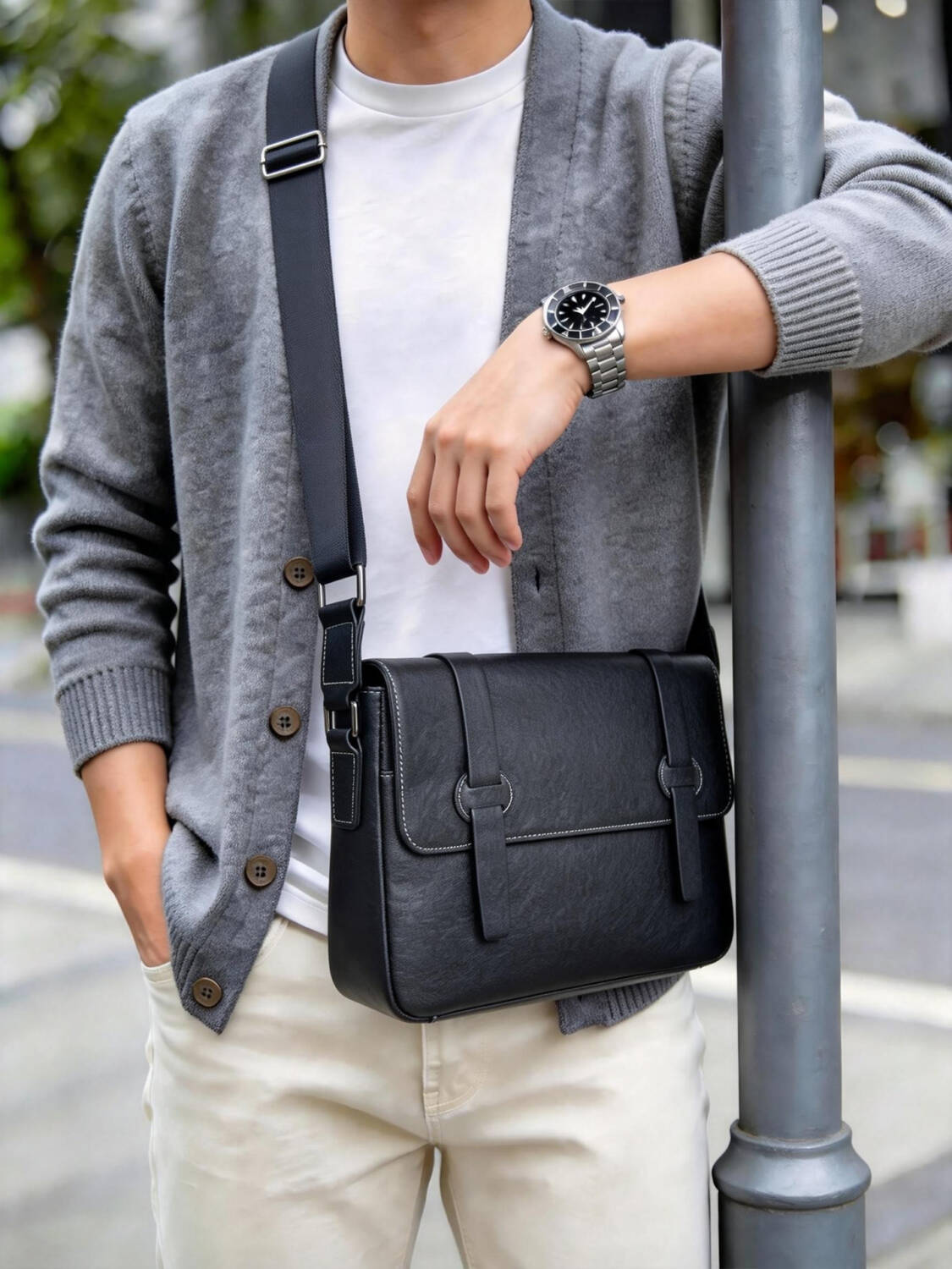 Double Strap Buckle Flap Messenger Bag Vintage Soft Leather Adjustable Wide Strap Business Crossbody Bag - Image 1