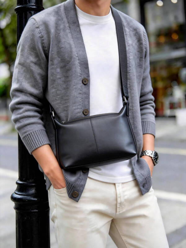Center Seam Soft Leather Crossbody Bag Matte Black Adjustable Wide Strap Unisex Daily Commute Bag