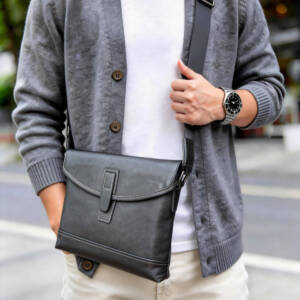Minimal Single Leather Buckle Flap Crossbody Matte Soft Leather Wide Adjustable Strap Unisex Business Bag - Image 3