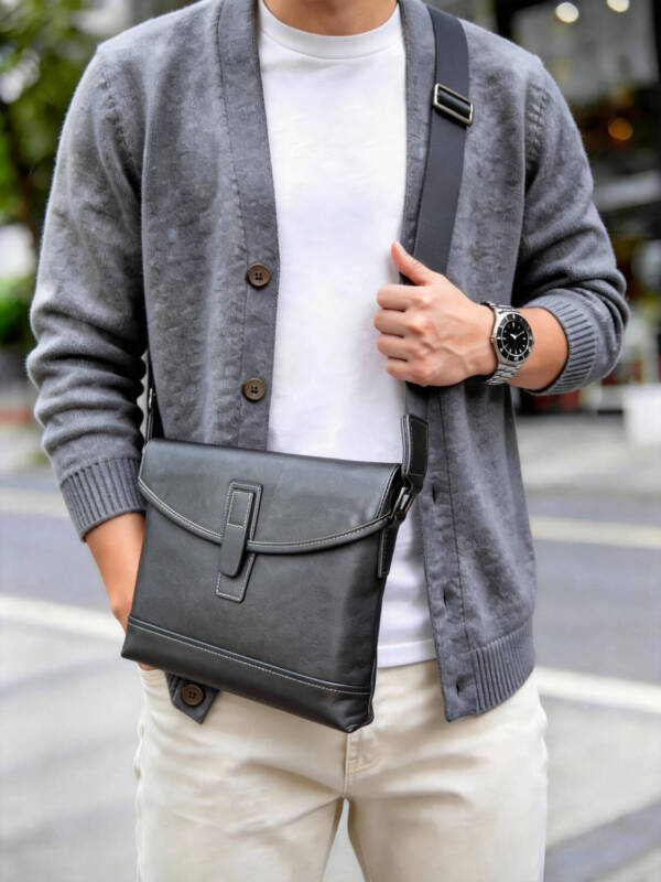 Minimal Single Leather Buckle Flap Crossbody Matte Soft Leather Wide Adjustable Strap Unisex Business Bag