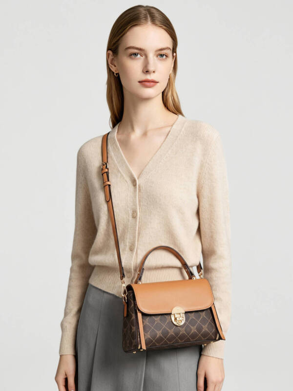 Color Contrast Diamond Print Handbag, Brown Trim Versatile Crossbody Purse For Daily Use