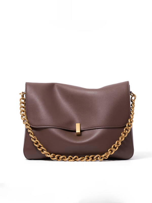 Solid Soft Leather Chain Crossbody Bag, Vintage Metal Lock Casual Shoulder Purse For Women
