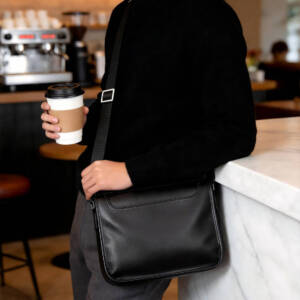 Minimal Flap Square Crossbody Bag Grain Soft Leather Adjustable Wide Strap Unisex Commute Bag - Image 2