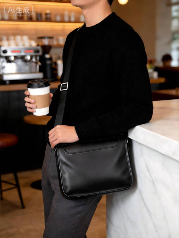 Minimal Flap Square Crossbody Bag Grain Soft Leather Adjustable Wide Strap Unisex Commute Bag