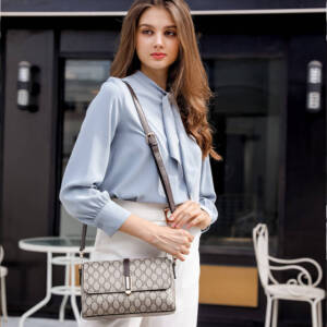 Simple Rhombus Print Rectangular Bag, Brown Trim Versatile Crossbody Purse For Women