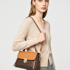 Color Contrast Diamond Print Handbag, Brown Trim Versatile Crossbody Purse For Daily Use - Image 4