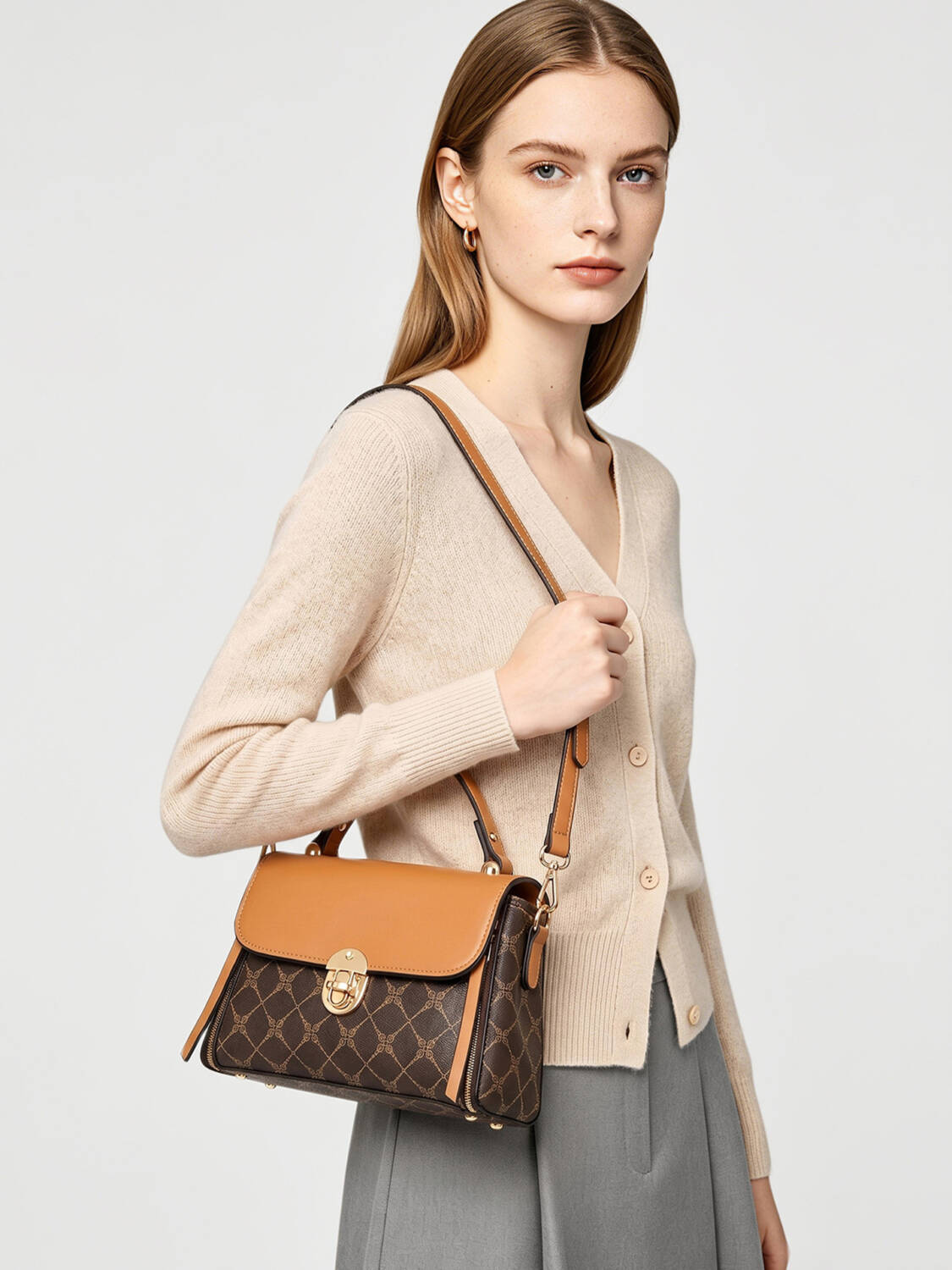 Color Contrast Diamond Print Handbag, Brown Trim Versatile Crossbody Purse For Daily Use - Image 4