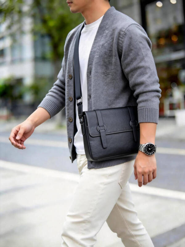 Double Strap Buckle Flap Messenger Bag Vintage Soft Leather Adjustable Wide Strap Business Crossbody Bag