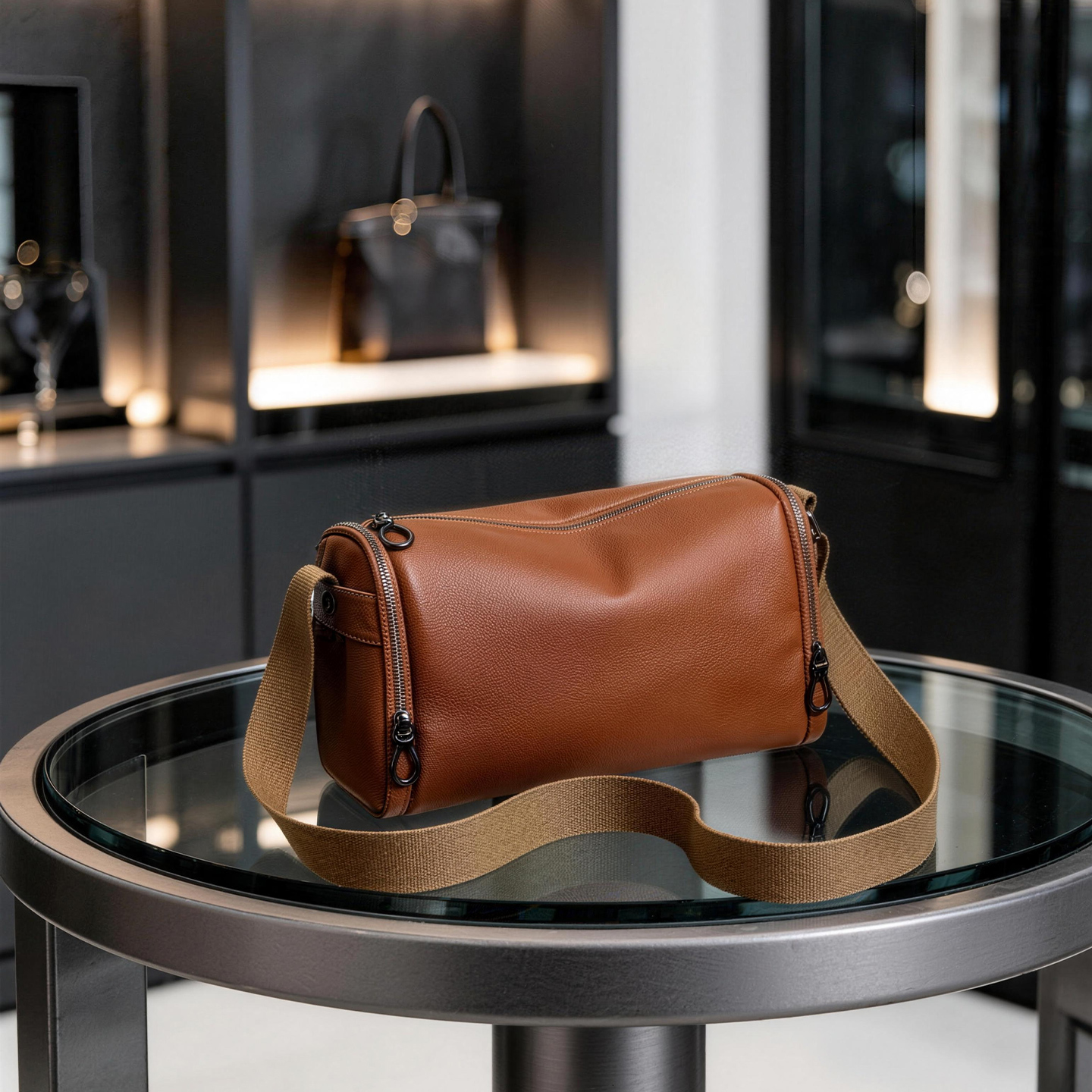 Grain Leather Cylinder Crossbody Bag Adjustable Strap Unisex Light Commute Shoulder Bag - Image 6