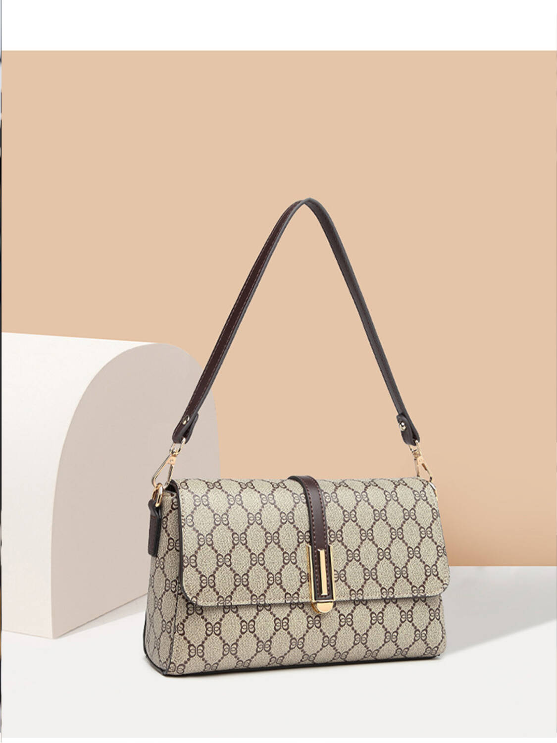Simple Rhombus Print Rectangular Bag, Brown Trim Versatile Crossbody Purse For Women - Image 2