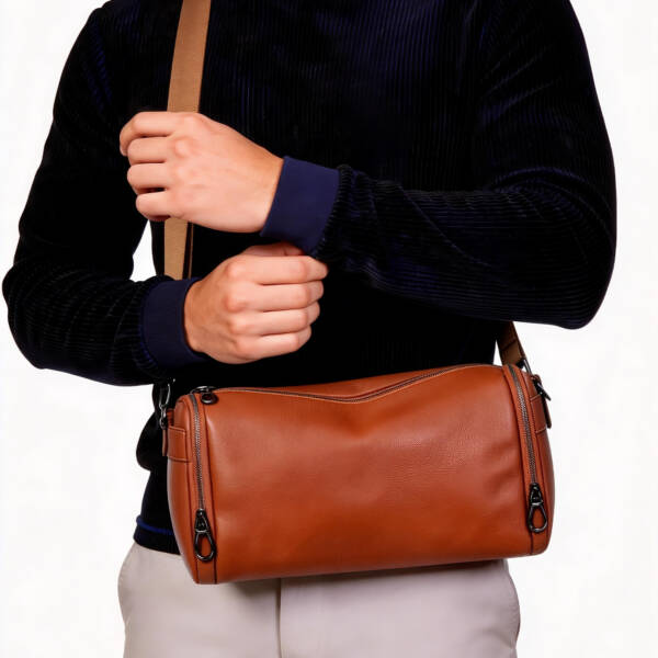 Grain Leather Cylinder Crossbody Bag Adjustable Strap Unisex Light Commute Shoulder Bag