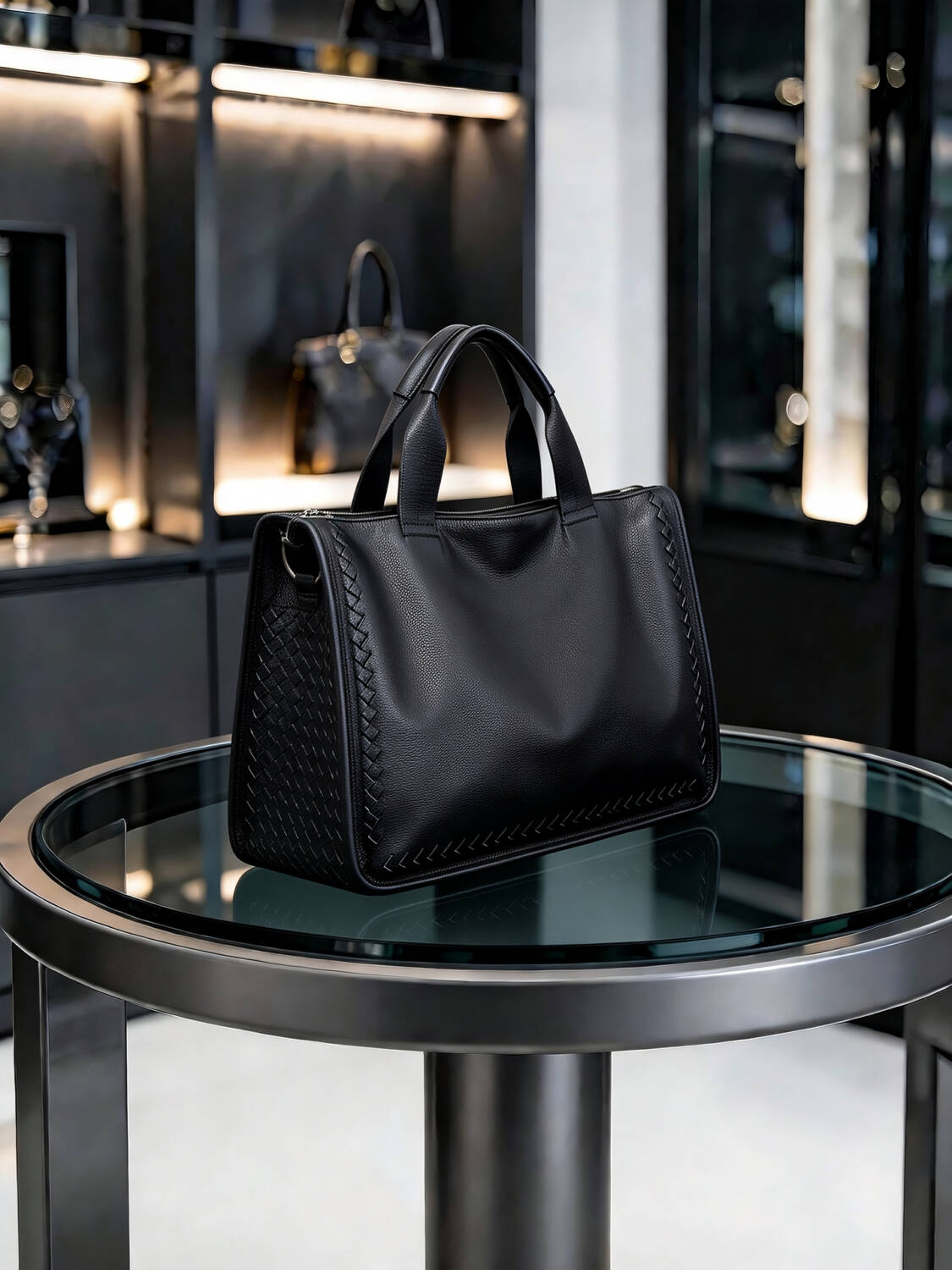 Hand Woven Side Tote Bag Grain Soft Leather Handbag With Strap Hook Large Commute Bag - Image 3
