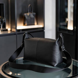 Center Seam Soft Leather Crossbody Bag Matte Black Adjustable Wide Strap Unisex Daily Commute Bag - Image 5